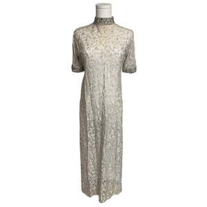 Floral Lace Beaded Trim Short Sleeve Sheer Long Dress Top Slits Elegant Bridal